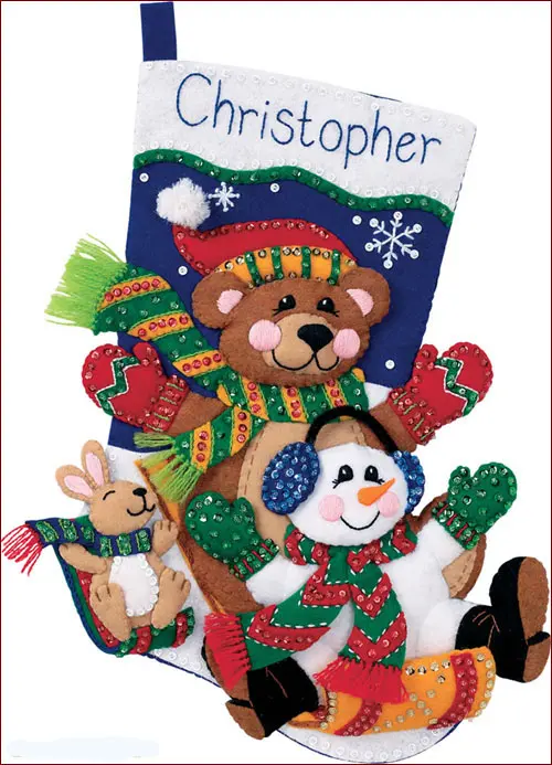 08145 Набор для создания фетровой аппликации DIMENSIONS Toboggan Trio. Stocking "Трое на санях. Чулок". Catalog. Kits