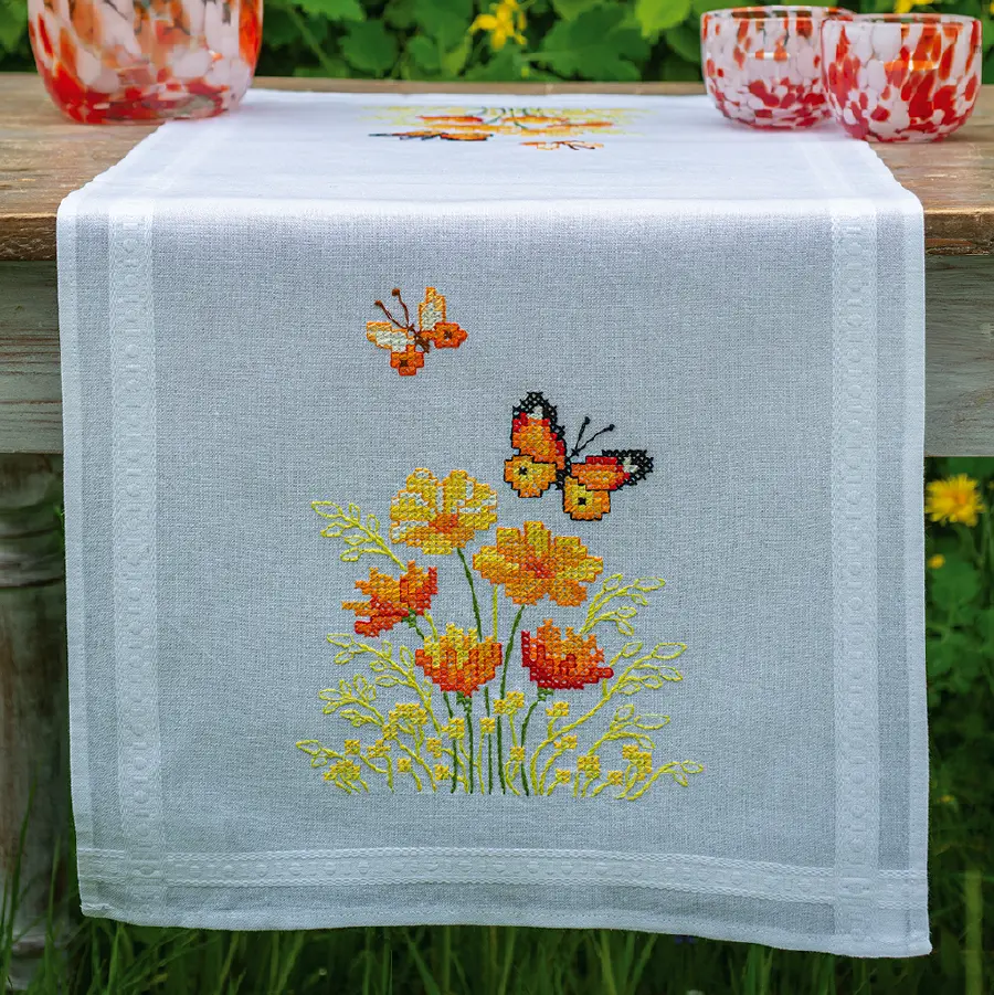 PN-0187941 Набор для вышивания крестом (дорожка на стол) Vervaco Orange Flowers and Butterflies "Оранжевые цветы и бабочки". Catalog. Kits
