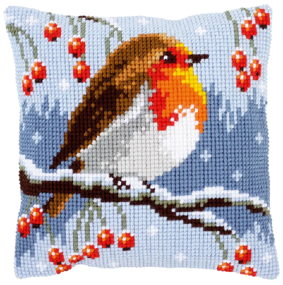 PN-0149810 Набор для вышивания крестом (подушка) Vervaco Red Robin in winter "Робин в зимний период. Снегирь". Catalog. Kits